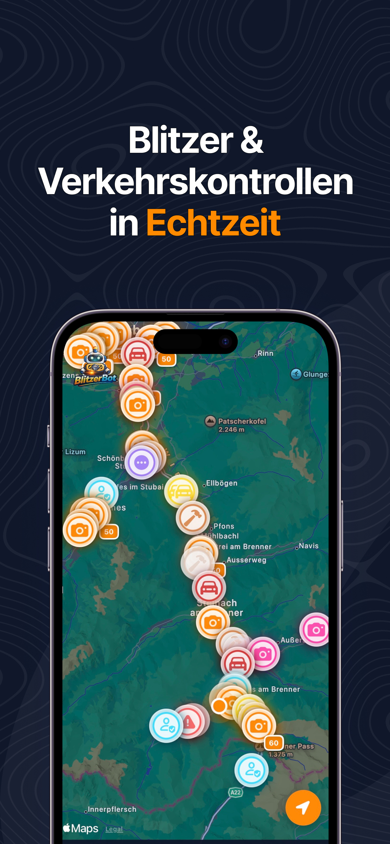 BlitzerBot App Screenshot - Echtzeit Blitzerwarnungen auf Karte